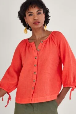 Monsoon Leinenbluse Mit Geschnürten Bündchen Und Rundhalsausschnitt, Rot