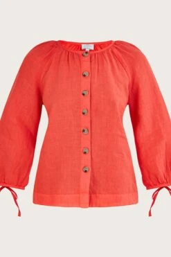 Monsoon Leinenbluse Mit Geschnürten Bündchen Und Rundhalsausschnitt, Rot -Next || RIVER ISLAND Verkaufsgeschäft 373363s4
