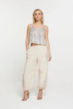 River Island Petite Baggy Low Rise Parachute Natural Trousers