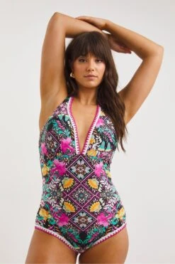 Figleaves Frida Figurformender Neckholder-Badeanzug In Regulärer Länge, Pink