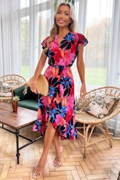 AX Paris Midikleid Mit Floralem Print, Wickeltop Und Volantsaum, Mehrfarbig