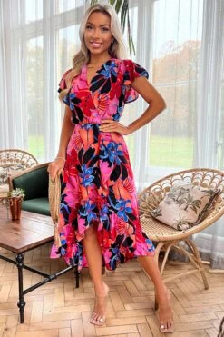 AX Paris Midikleid Mit Floralem Print, Wickeltop Und Volantsaum, Mehrfarbig -Next || RIVER ISLAND Verkaufsgeschäft 724423s3