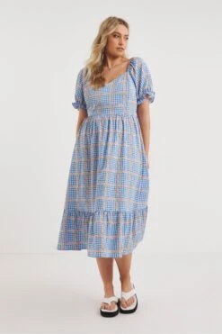 Simply Be Kariertes Midikleid Mit Herzförmigem Ausschnitt, Blau