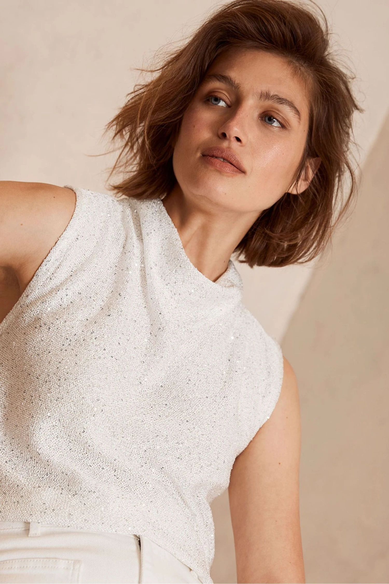 Mint Velvet Drapiertes Paillettentop, Weiß 3 Mint Velvet Drapiertes Paillettentop, Weiß