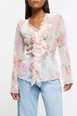 River Island Bluse Mit Rüschen, Pink -Next || RIVER ISLAND Verkaufsgeschäft 887313s4