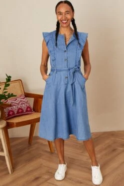 Monsoon Denim-Sommerkleid Mit Rüschenärmeln, Blau