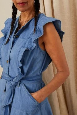 Monsoon Denim-Sommerkleid Mit Rüschenärmeln, Blau -Next || RIVER ISLAND Verkaufsgeschäft C06709s3