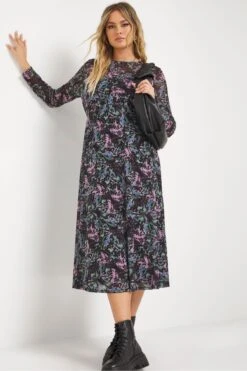 Simply Be Midikleid Aus Bedrucktem Netzstoff, Schwarz