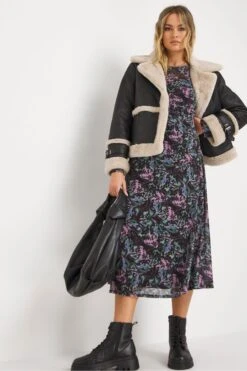 Simply Be Midikleid Aus Bedrucktem Netzstoff, Schwarz -Next || RIVER ISLAND Verkaufsgeschäft D26850s3