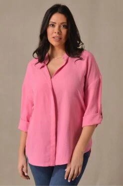 Live Unlimited Curve Nehru Bluse Mit Kragen Und Gerollten Ärmeln, Pink