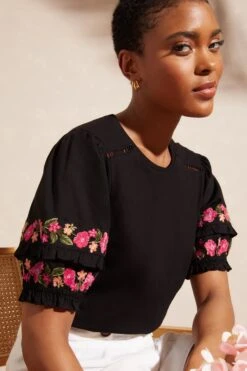 Love & Roses Floral Embroidered Round Neck Ruffle Sleeve T-Shirt