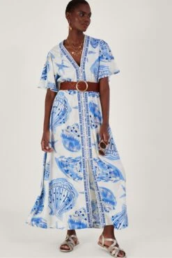 Monsoon Langes Kaftankleid Aus Leinenmischung Mit Muschelprint, Natur -Next || RIVER ISLAND Verkaufsgeschäft N05030s3