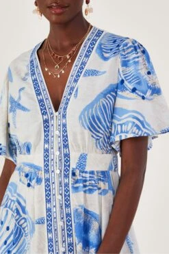 Monsoon Langes Kaftankleid Aus Leinenmischung Mit Muschelprint, Natur -Next || RIVER ISLAND Verkaufsgeschäft N05030s4