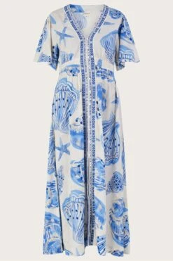 Monsoon Langes Kaftankleid Aus Leinenmischung Mit Muschelprint, Natur -Next || RIVER ISLAND Verkaufsgeschäft N05030s5