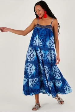 Monsoon Midi-Trägerkleid Mit Kachel-Batikprint, Blau
