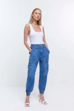 River Island Petite Blue Denim Pocketed Cargo Jeans