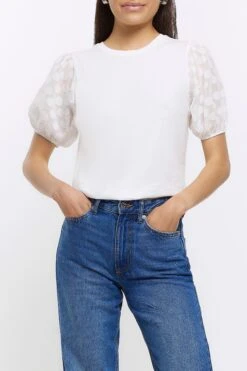 River Island Woven Sleeve White T-Shirt