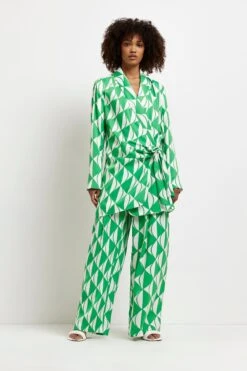 River Island Plissierte Hose Mit Geo-Print Und Weitem Bein, Grün